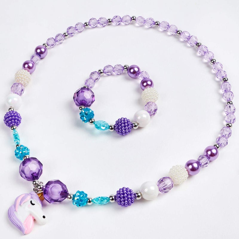 G.C 3 Sets Girl Princess Necklace Bracelet with Colorful Unicorn Mermaid Rainbow Pendant Kids Stretchy Chunky Costume Jewelry Gift Party Favors Dress up Jewelry for Little Girl Toddler(with Gift Box) (A) - Image 3